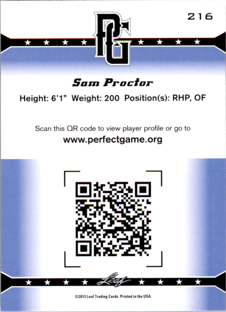 2013 Leaf Perfect Game #216 Sam Proctor back image