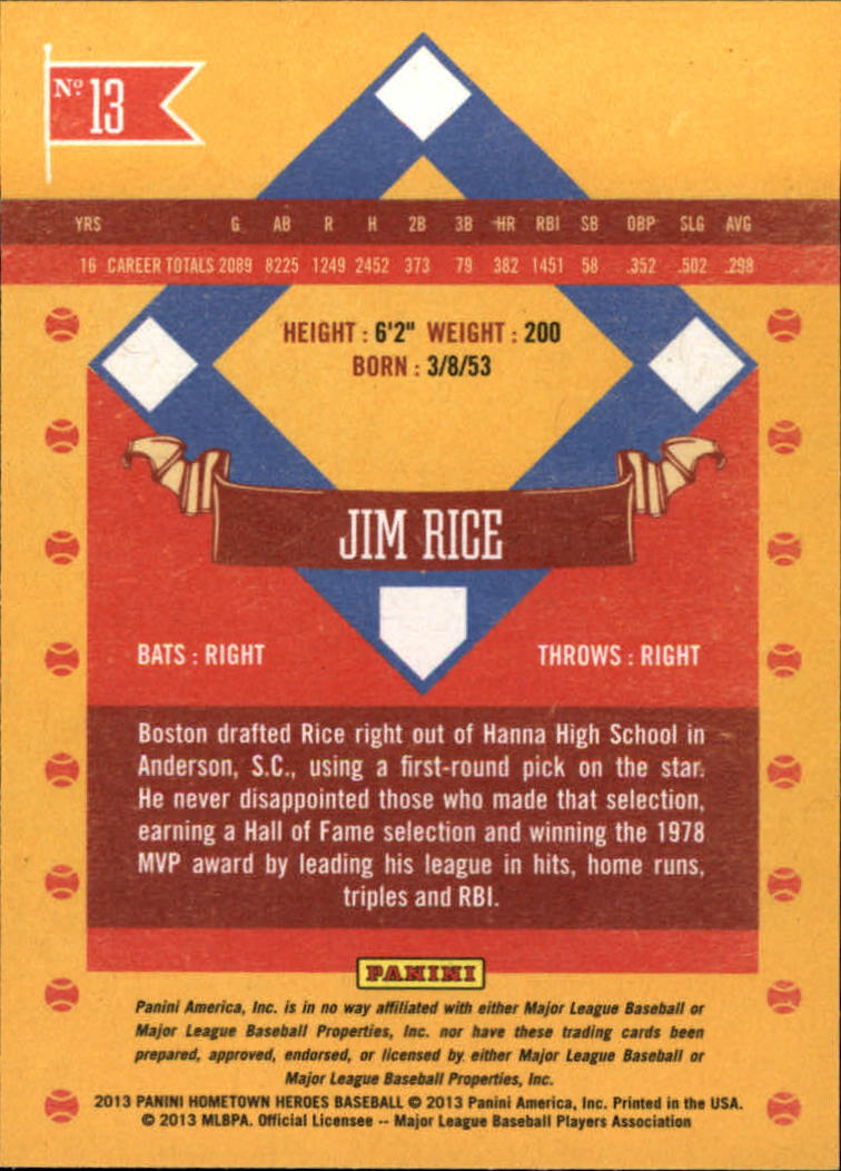 2013 Hometown Heroes #13 Jim Rice back image