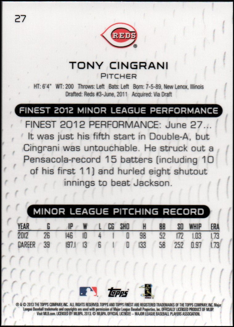 2013 Finest #27 Tony Cingrani RC back image