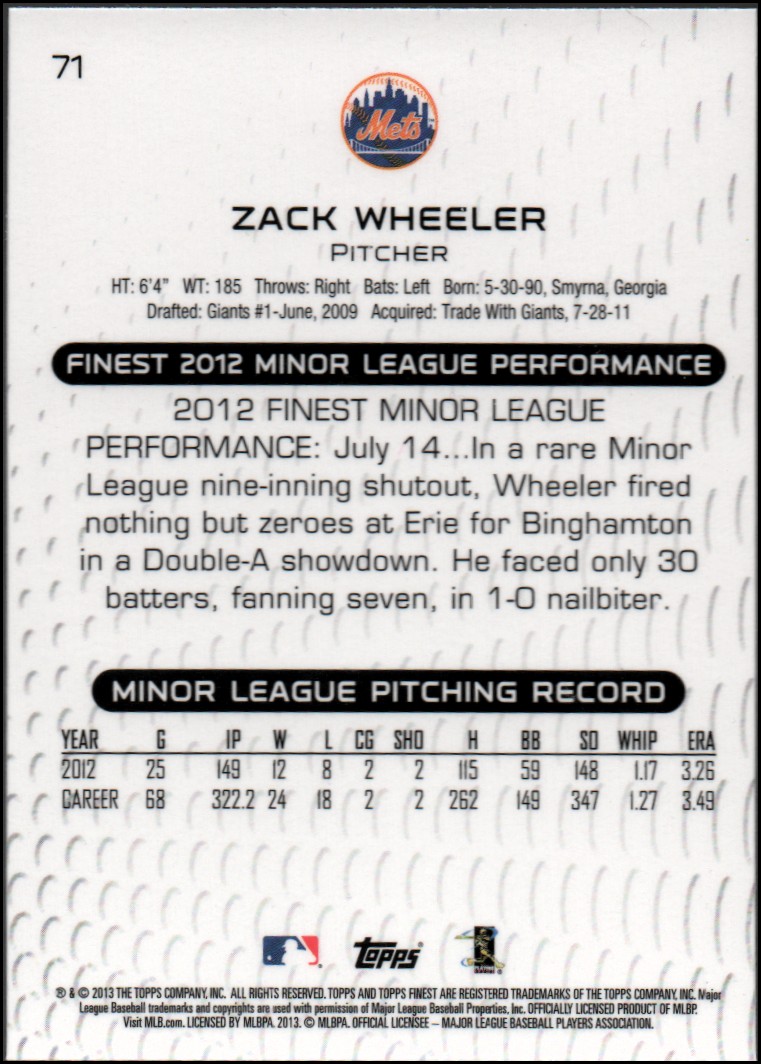 2013 Finest #71 Zack Wheeler RC back image