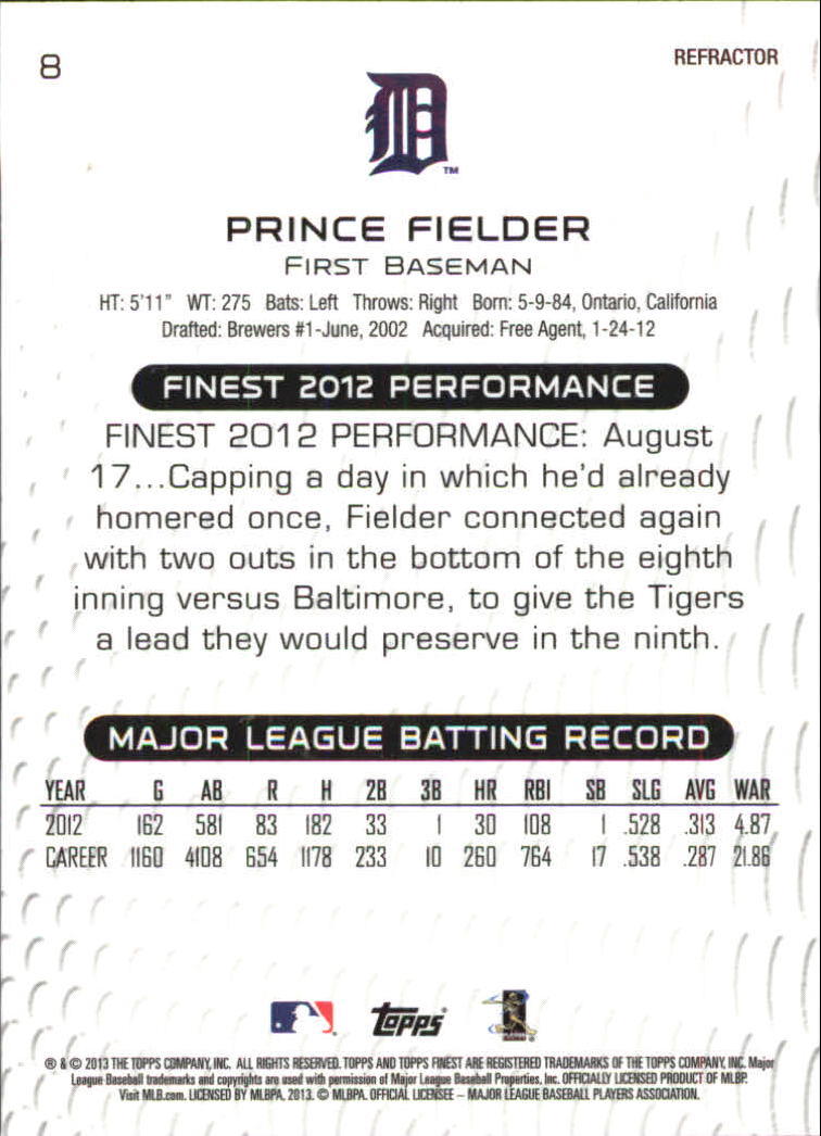 2013 Finest Refractors #8 Prince Fielder back image