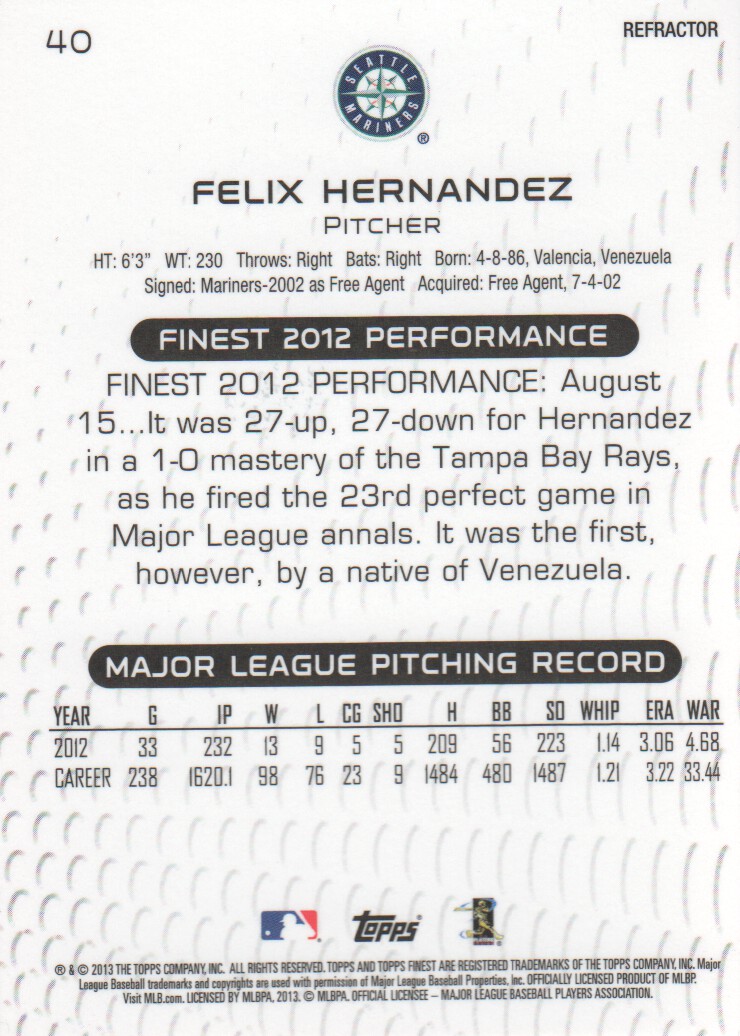 2013 Finest Refractors #40 Felix Hernandez back image