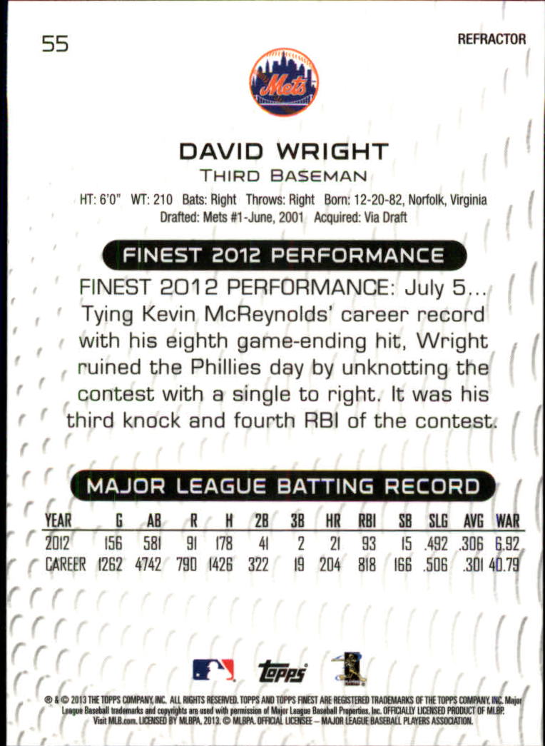 2013 Finest Refractors #55 David Wright back image