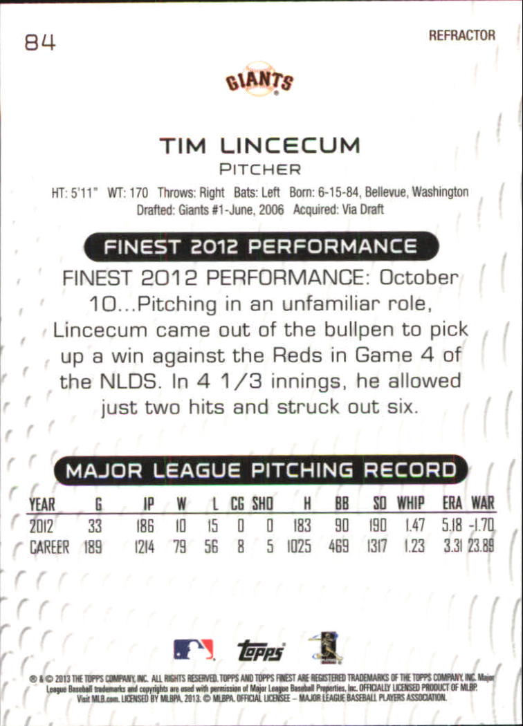2013 Finest Refractors #84 Tim Lincecum back image