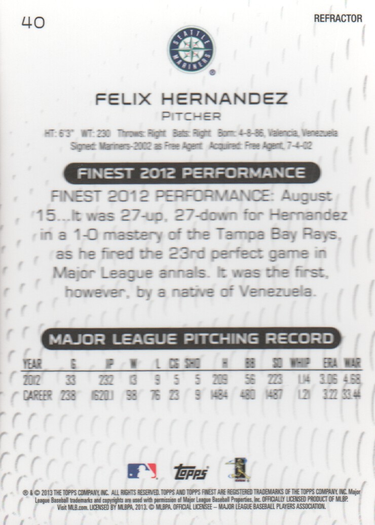 2013 Finest X-Fractors #40 Felix Hernandez back image