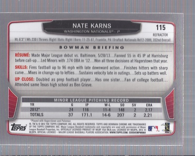 2013 Bowman Chrome X-Fractors #115 Nate Karns back image