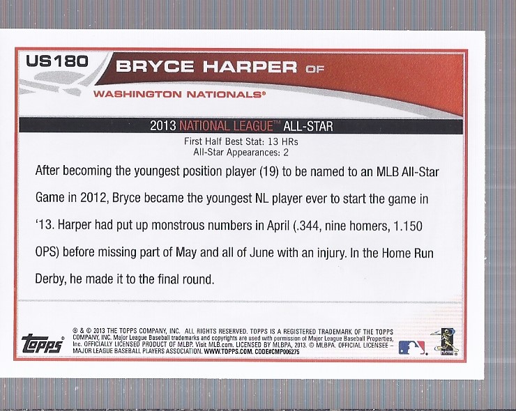 2013 Topps Update #US180A Bryce Harper back image