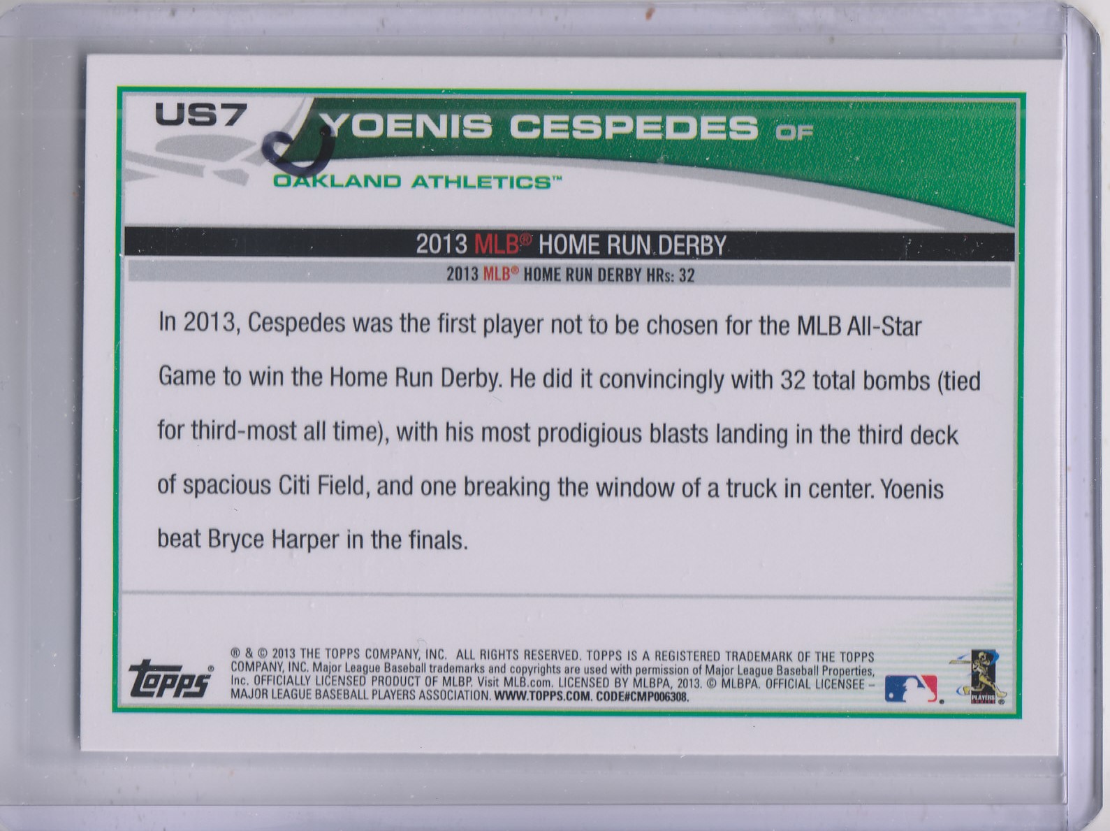 2013 Topps Update #US7C Yoenis Cespedes SP/Group photo back image