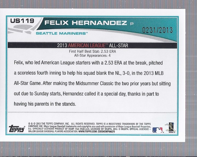 2013 Topps Update Gold #US119 Felix Hernandez back image