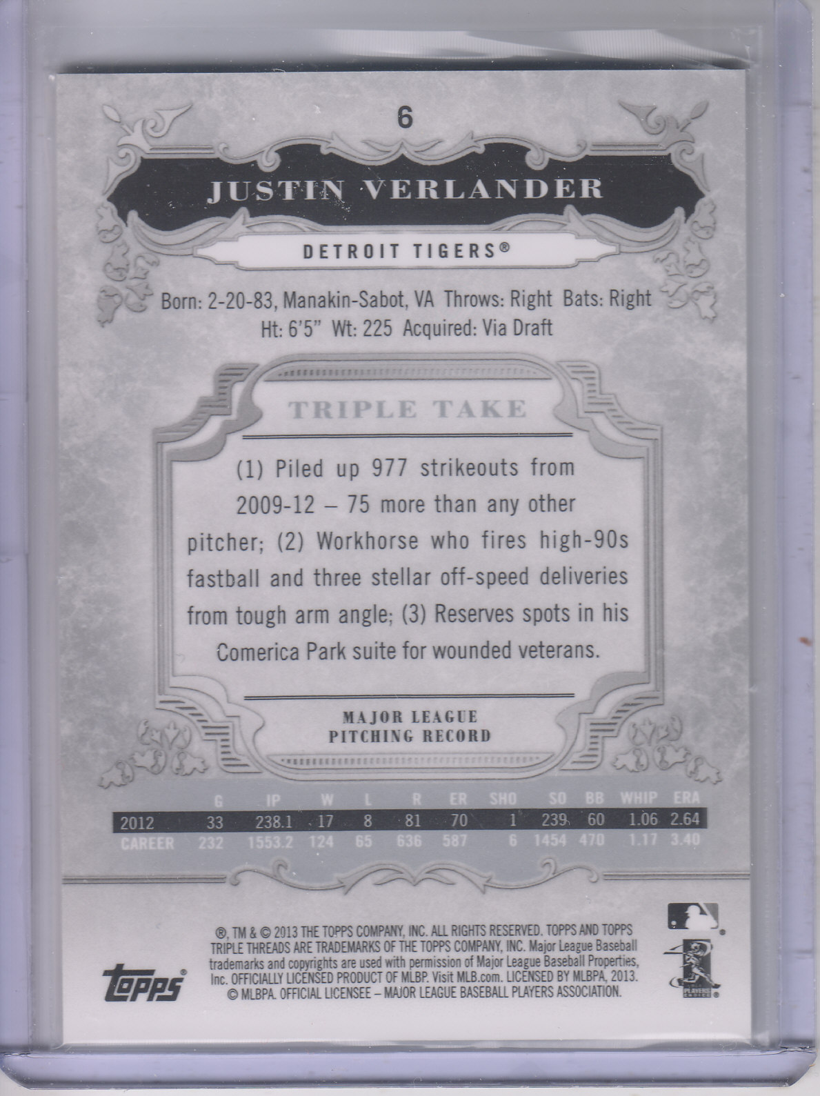 2013 Topps Triple Threads #6 Justin Verlander back image