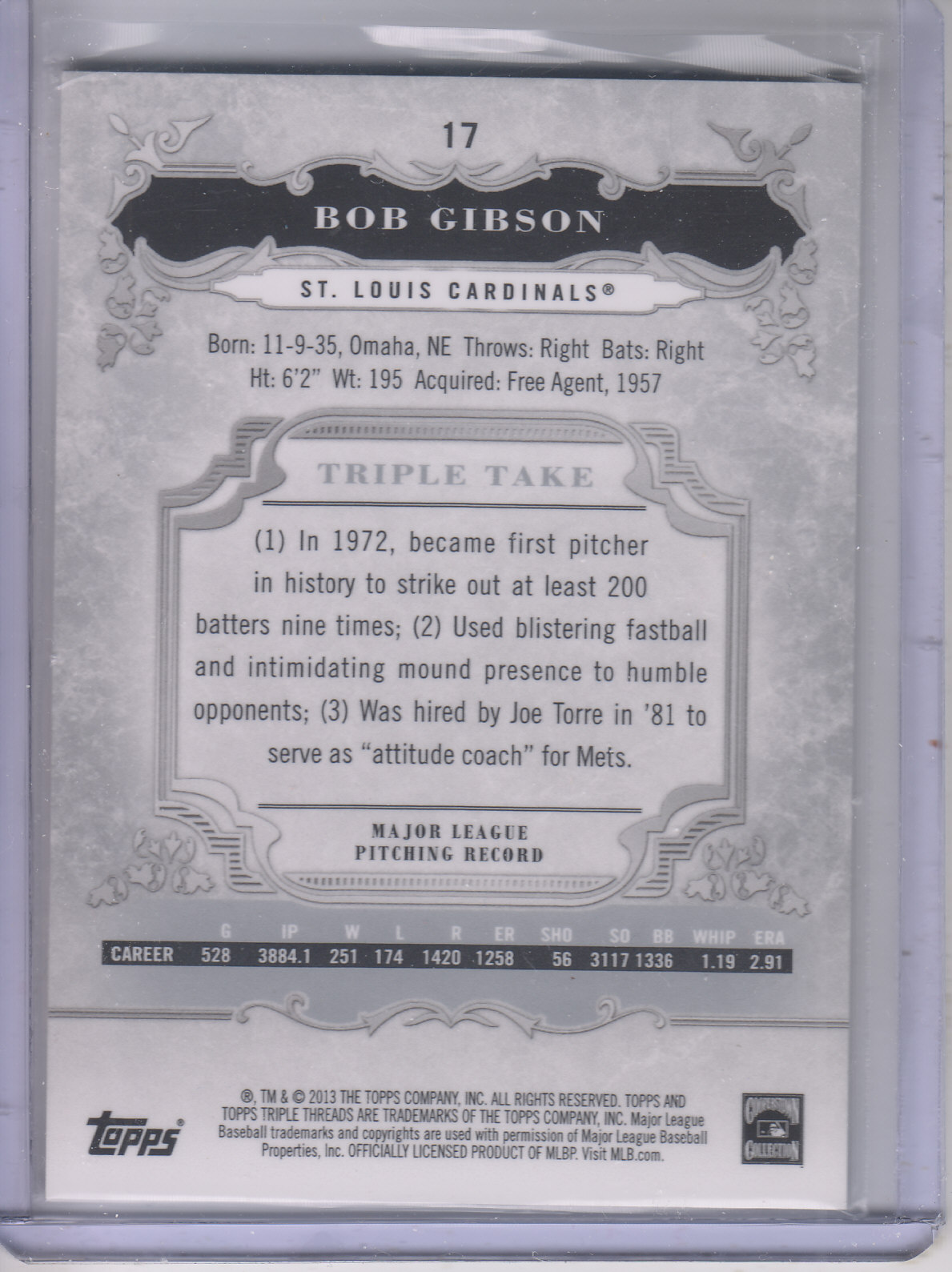 2013 Topps Triple Threads #17 Bob Gibson back image