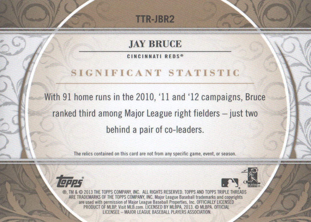 2013 Topps Triple Threads Relics Gold #JBR2 Jay Bruce back image