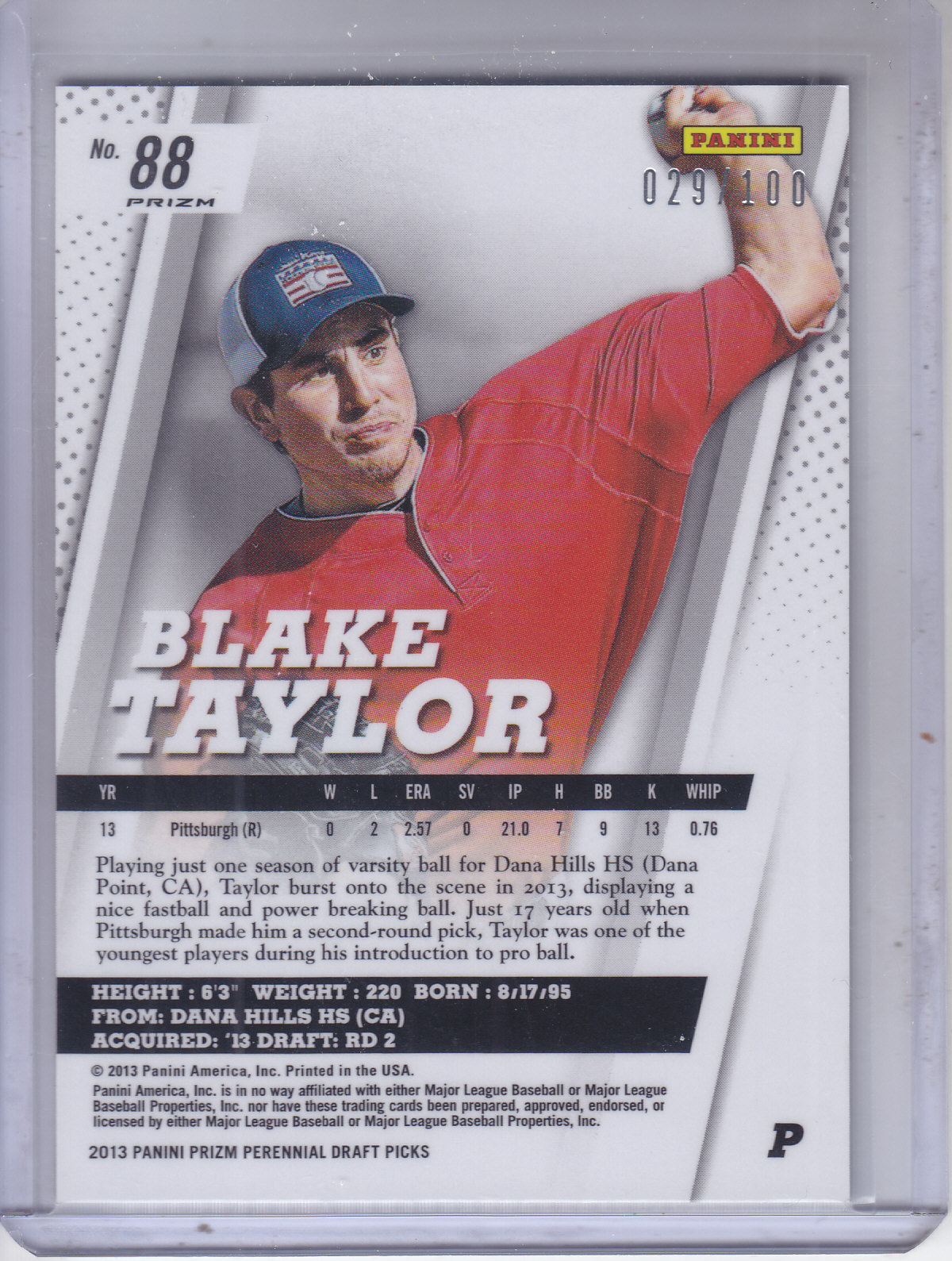 2013 Panini Prizm Perennial Draft Picks Red Prizms #88 Blake Taylor back image