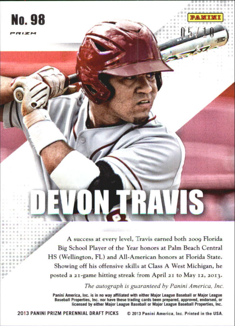 2013 Panini Prizm Perennial Draft Picks Prospect Signatures Gold Prizms #98 Devon Travis back image