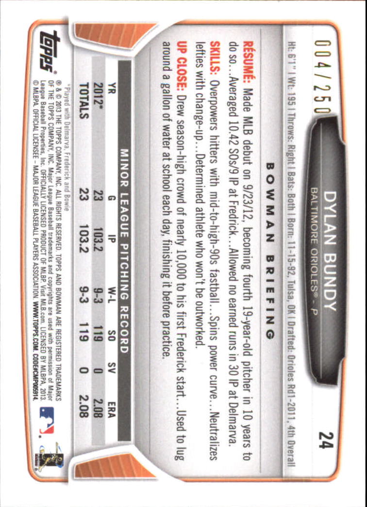 2013 Bowman Draft Orange #24 Dylan Bundy back image