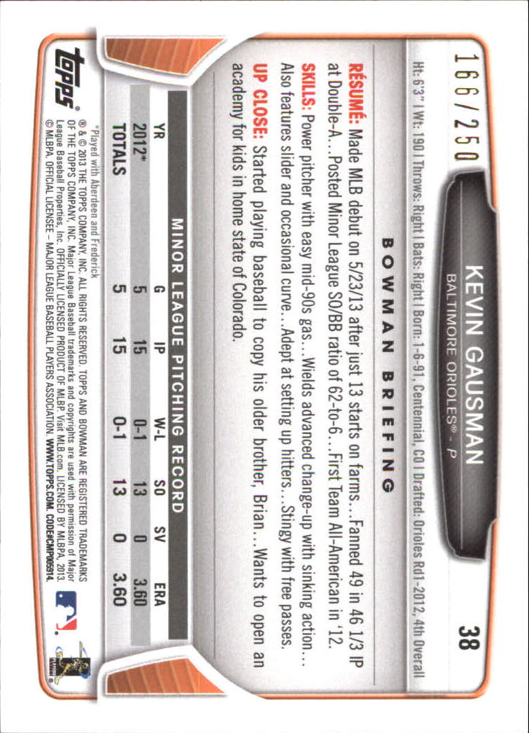 2013 Bowman Draft Orange #38 Kevin Gausman back image