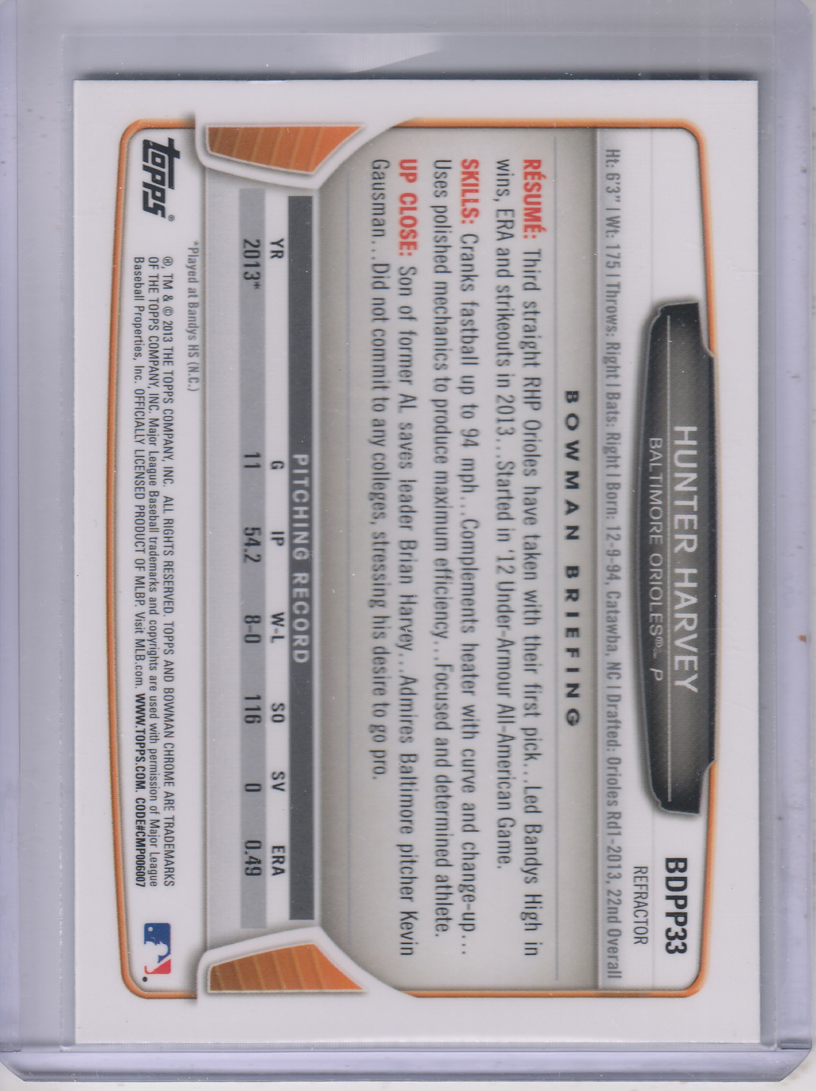 2013 Bowman Chrome Draft Draft Picks Refractors #BDPP33 Hunter Harvey back image