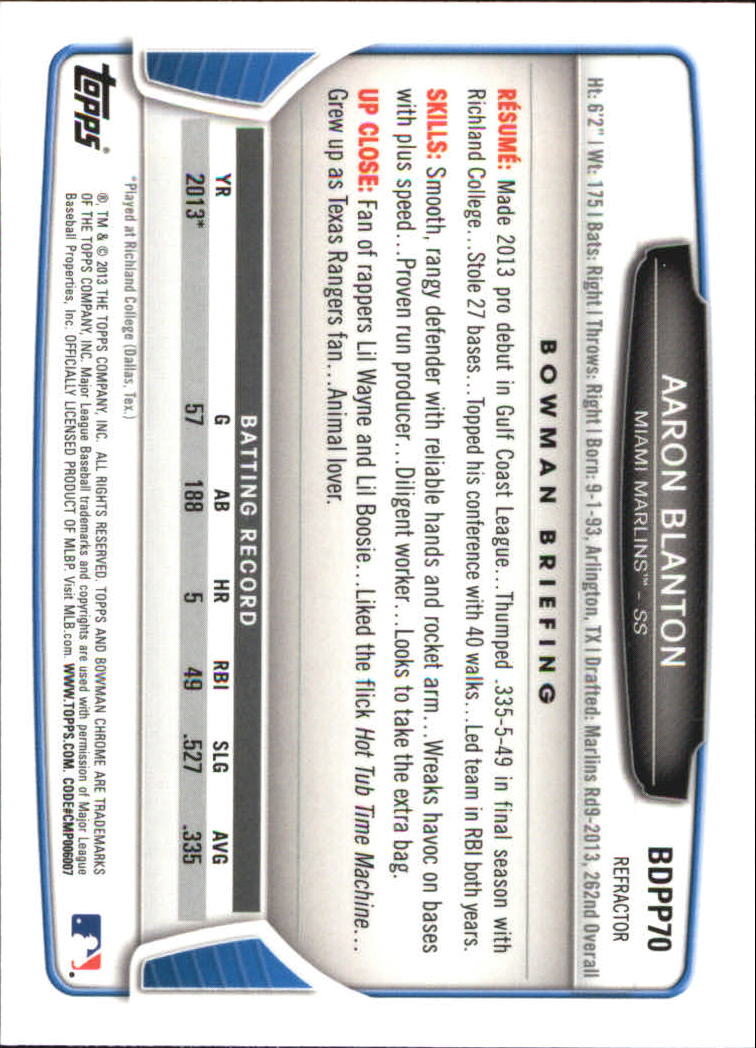 2013 Bowman Chrome Draft Draft Picks Refractors #BDPP70 Aaron Blanton back image