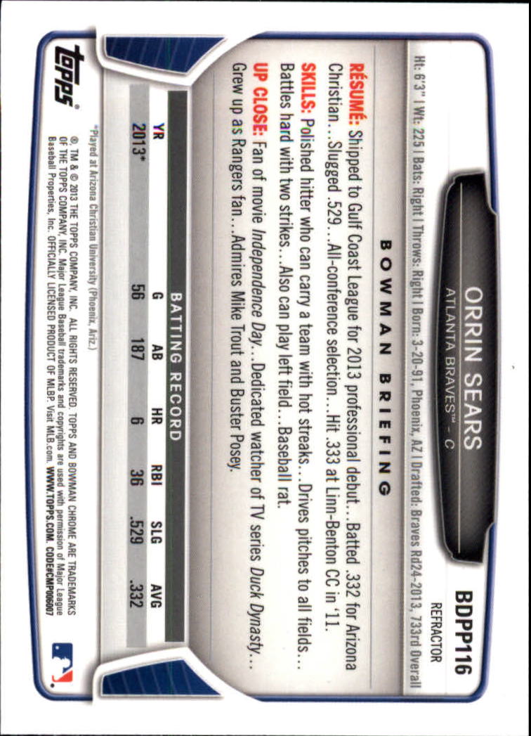 2013 Bowman Chrome Draft Picks Baseball Refractor Singles - You Choose - Picture 192 of 218