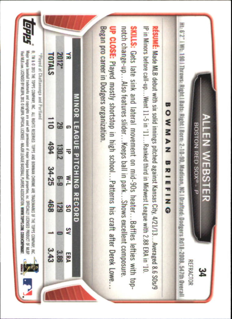 2013 Bowman Chrome Draft Refractors #34 Allen Webster back image