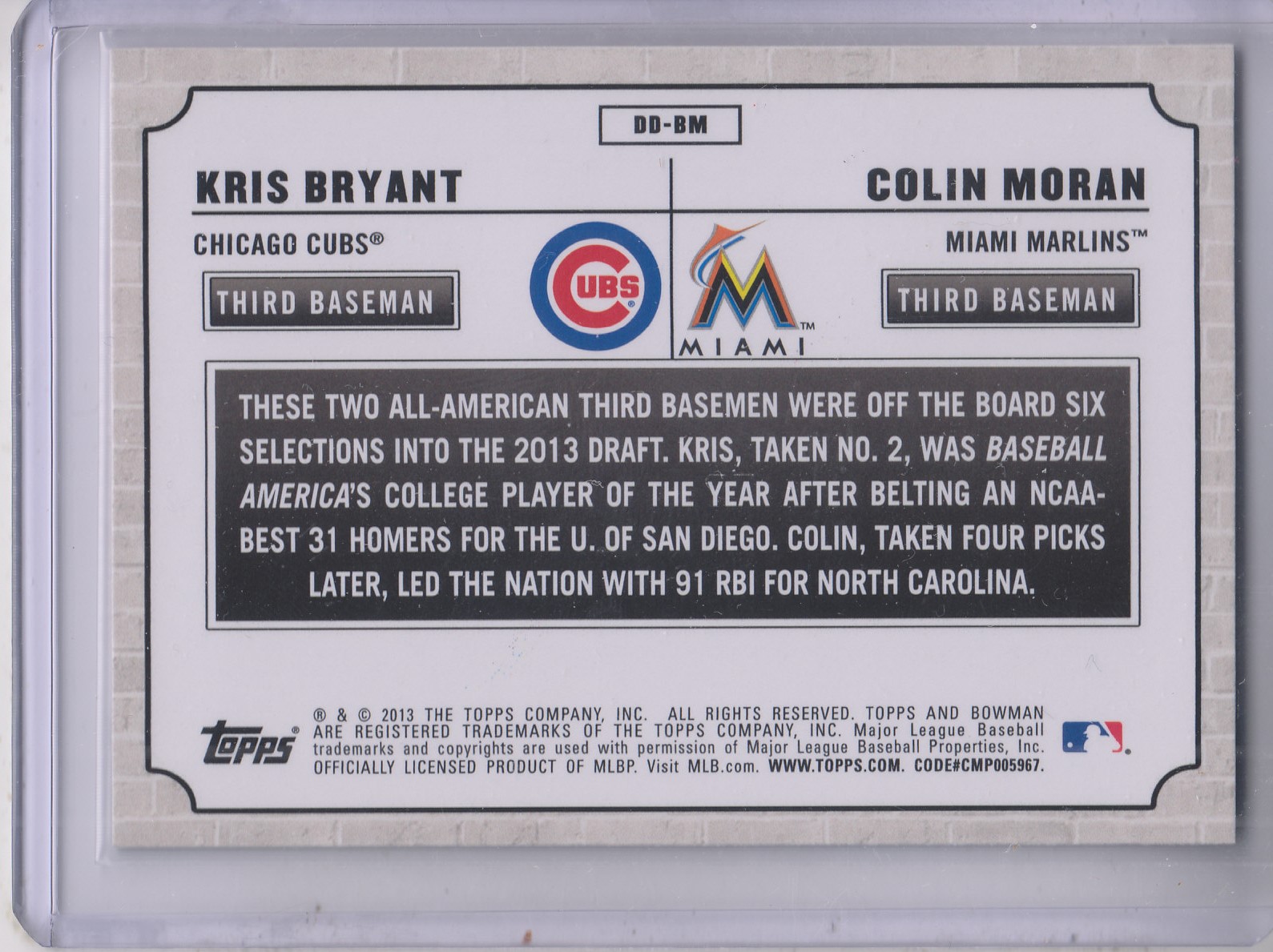 2013 Bowman Draft Dual Draftee #BM Kris Bryant/Colin Moran back image