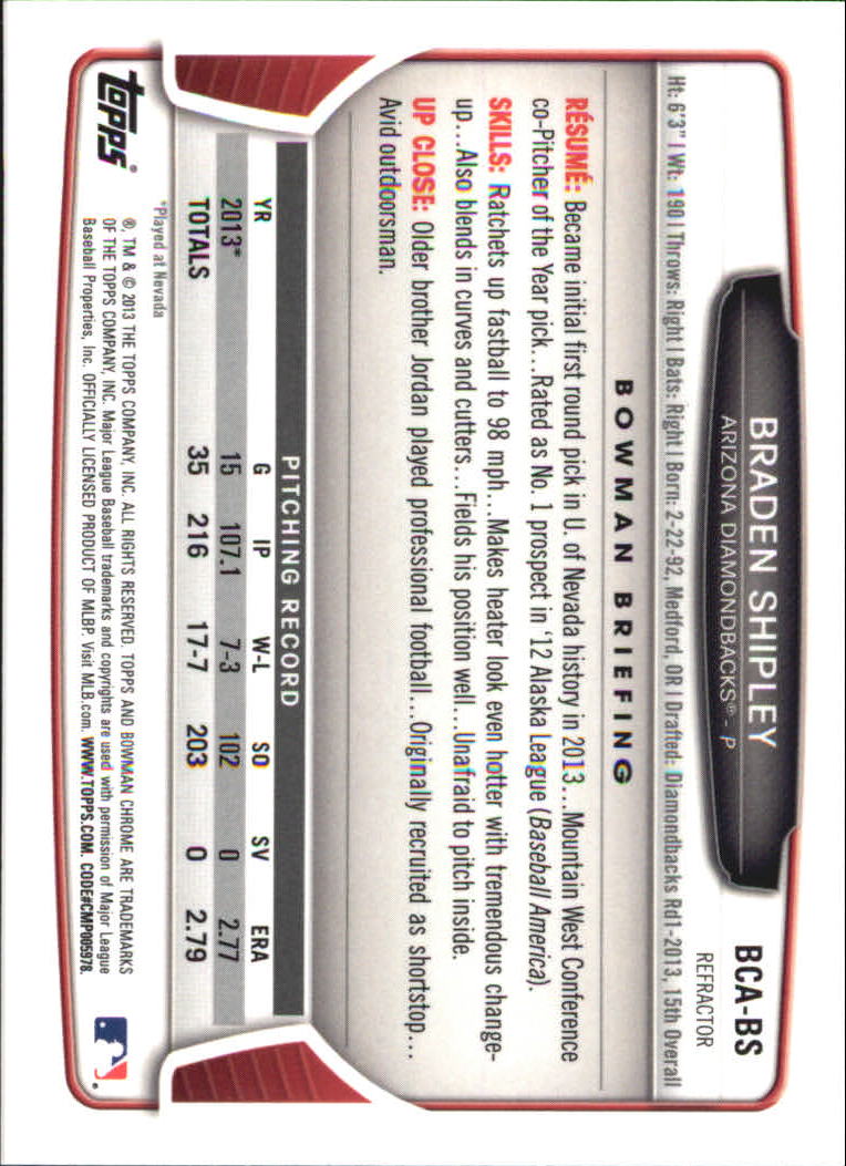 2013 Bowman Chrome Draft Draft Pick Autographs Refractors #BS Braden Shipley