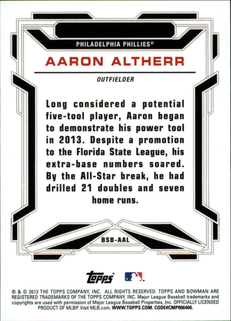 2013 Bowman Draft Scout Breakouts #AAL Aaron Altherr back image