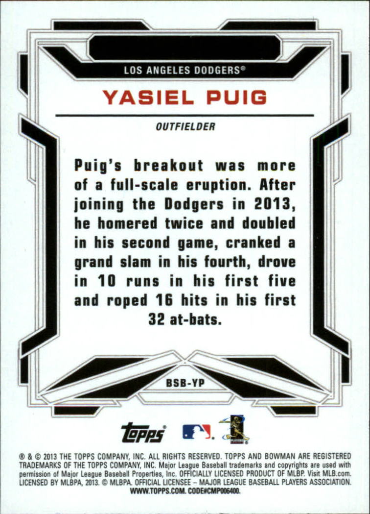 2013 Bowman Draft Scout Breakouts #YP Yasiel Puig back image