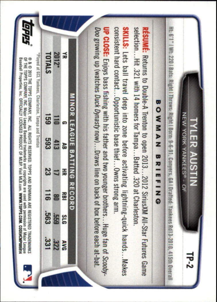 2013 Bowman Draft Top Prospects Silver Ice #TP2 Tyler Austin back image
