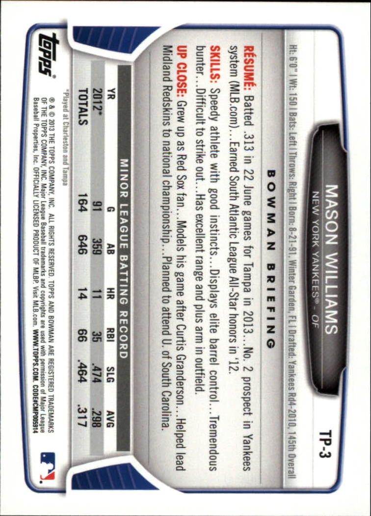 2013 Bowman Draft Top Prospects Silver Ice #TP3 Mason Williams back image
