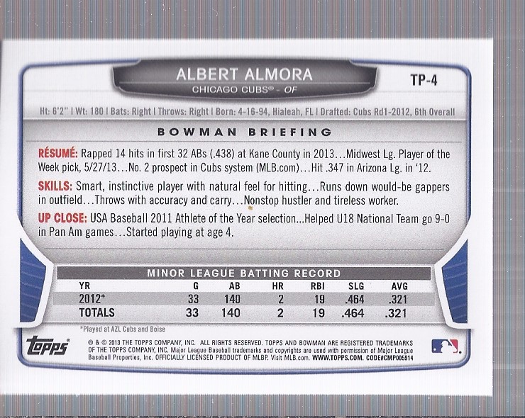 2013 Bowman Draft Top Prospects Silver Ice #TP4 Albert Almora back image