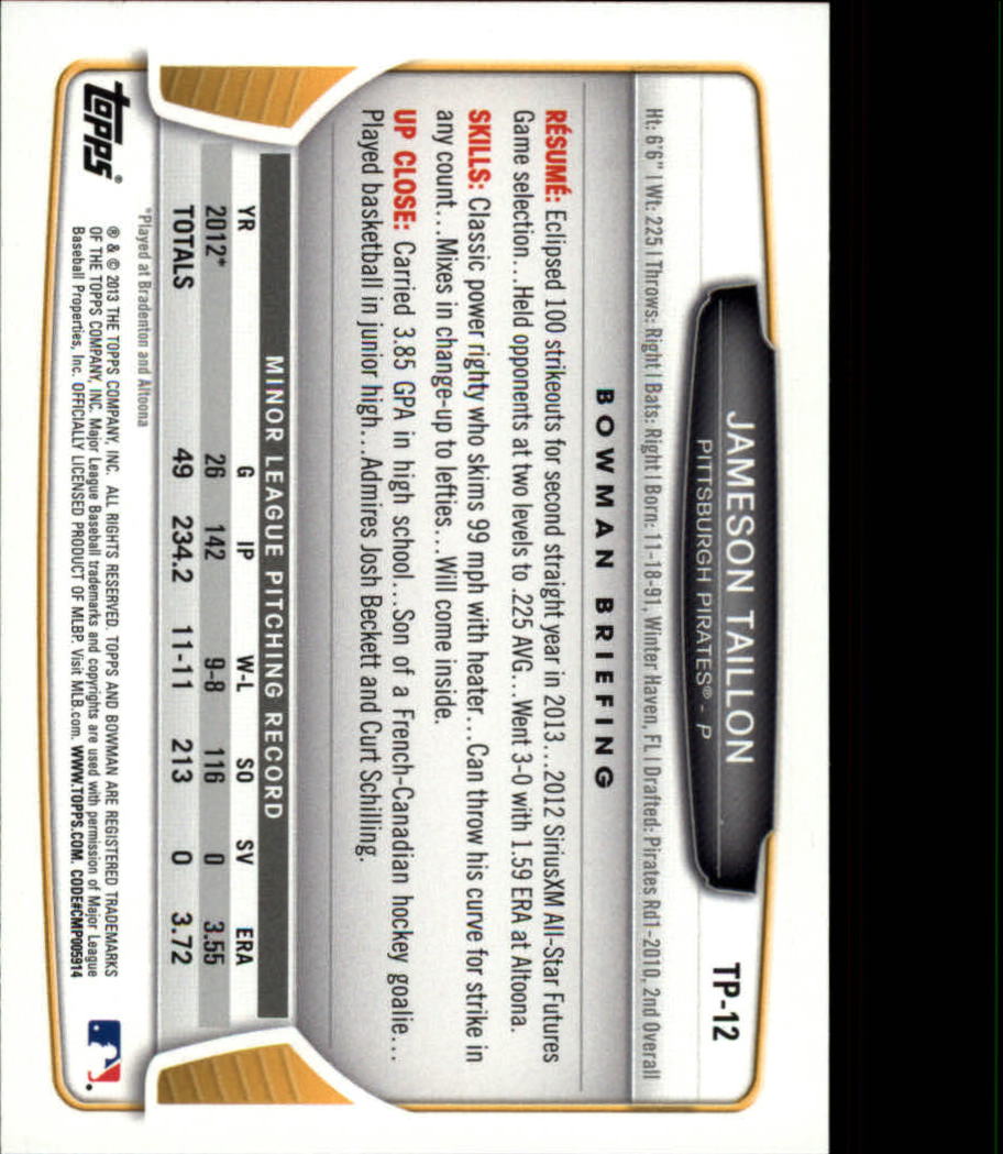 2013 Bowman Draft Top Prospects Silver Ice #TP12 Jameson Taillon back image