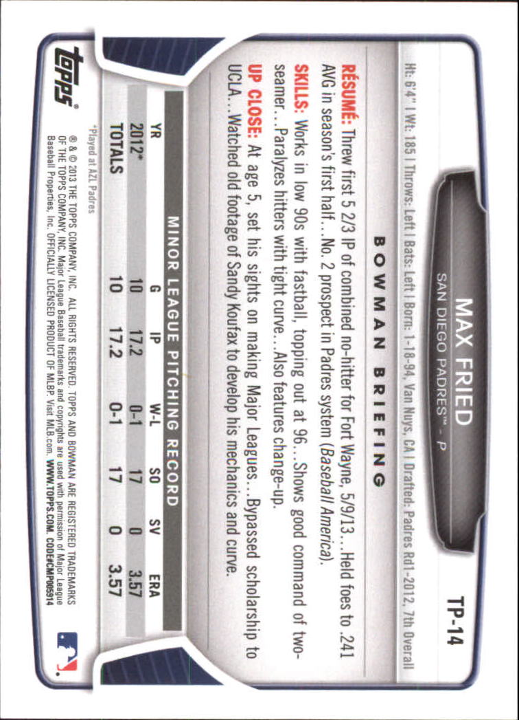 2013 Bowman Draft Top Prospects Silver Ice #TP14 Max Fried back image