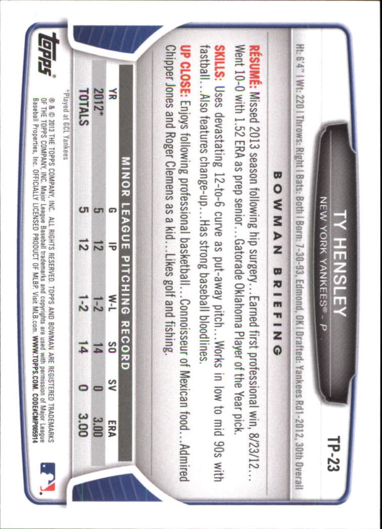 2013 Bowman Draft Top Prospects Silver Ice #TP23 Ty Hensley back image
