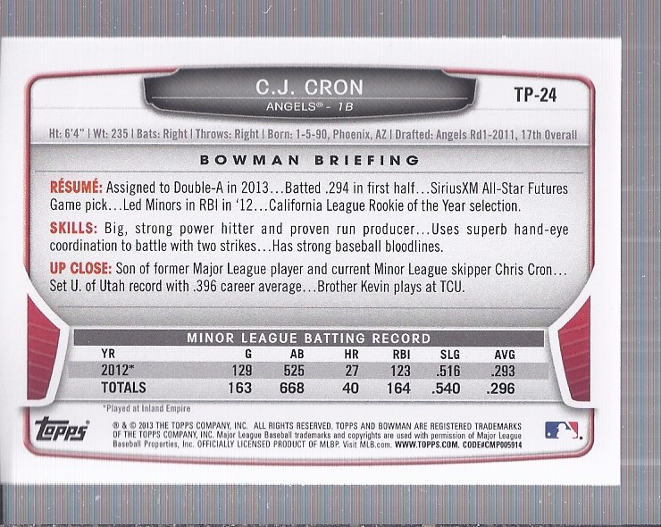 2013 Bowman Draft Top Prospects Silver Ice #TP24 C.J. Cron back image