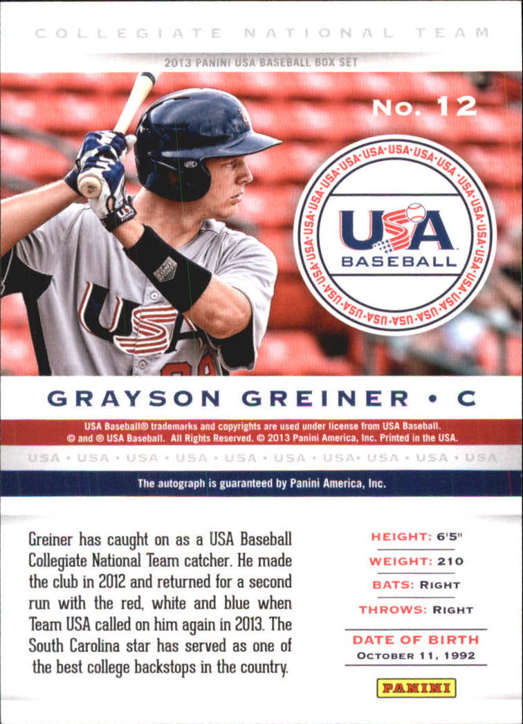 2013 USA Baseball Collegiate National Team Signatures #12 Grayson Greiner back image