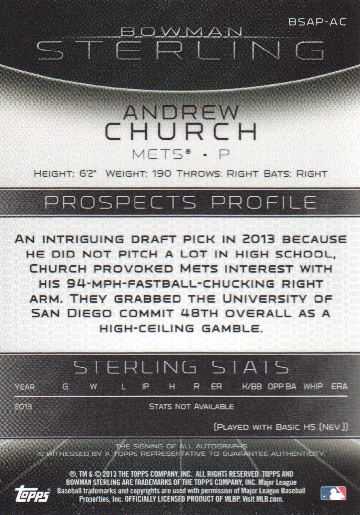 2013 Bowman Sterling Prospect Autographs #AC Andrew Church back image