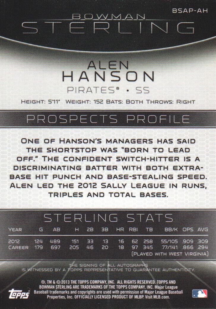 2013 Bowman Sterling Prospect Autographs #AH Alen Hanson back image
