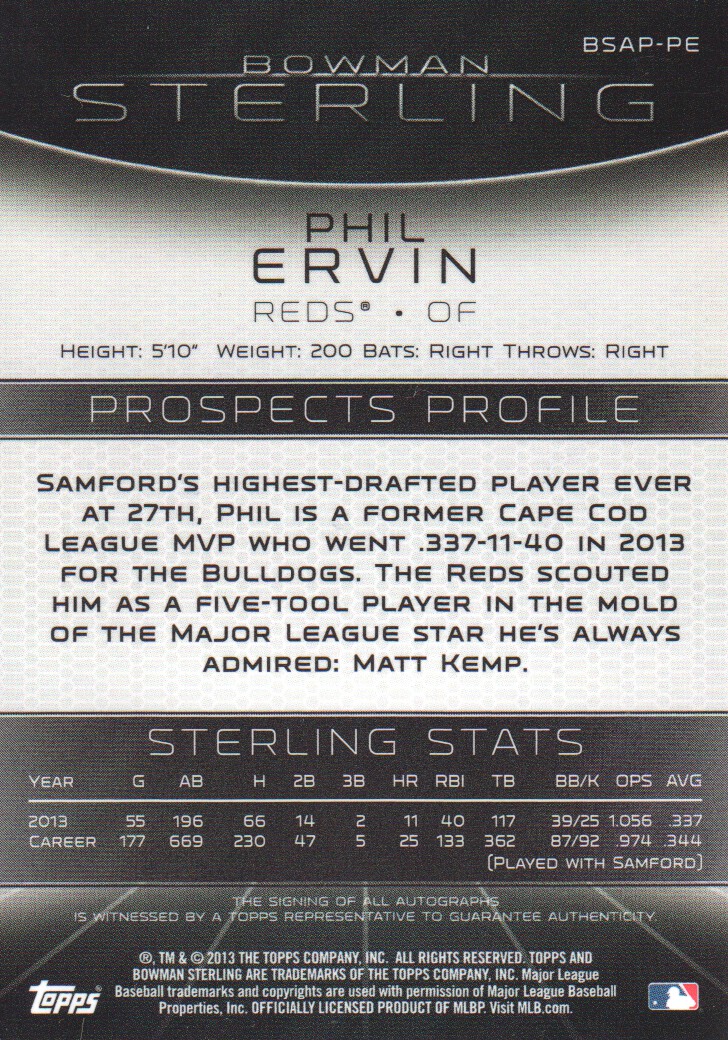 2013 Bowman Sterling Prospect Autographs #PE Phil Ervin back image
