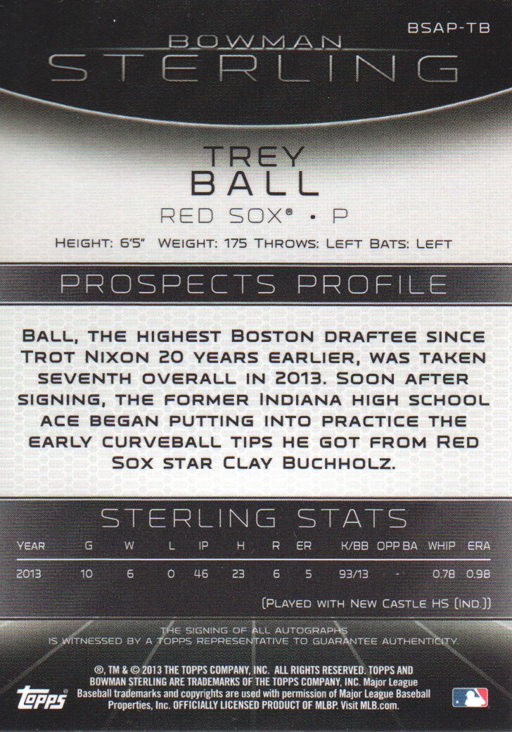 2013 Bowman Sterling Prospect Autographs #TB Trey Ball back image