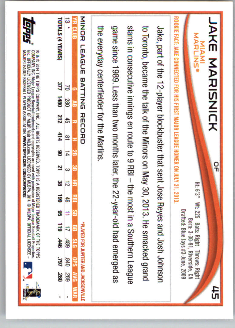 2014 Topps #45 Jake Marisnick RC back image