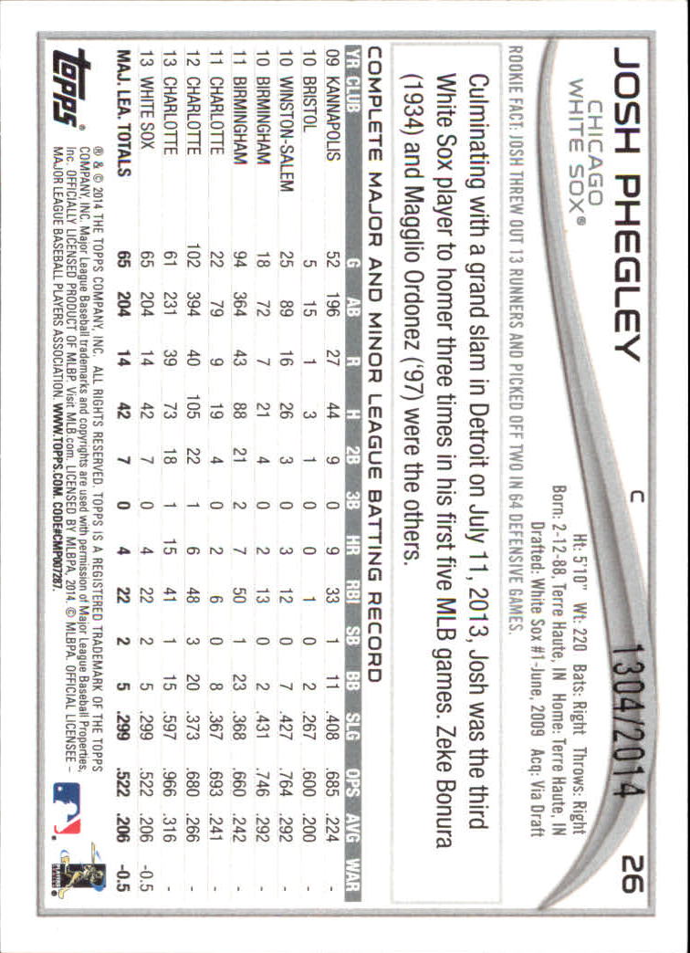 2014 Topps Gold #26 Josh Phegley back image