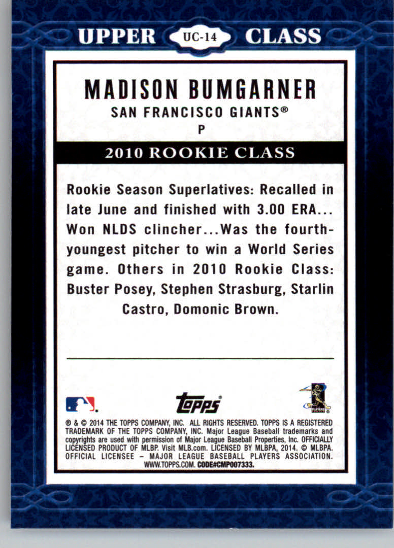 2014 Topps Upper Class #UC14 Madison Bumgarner back image