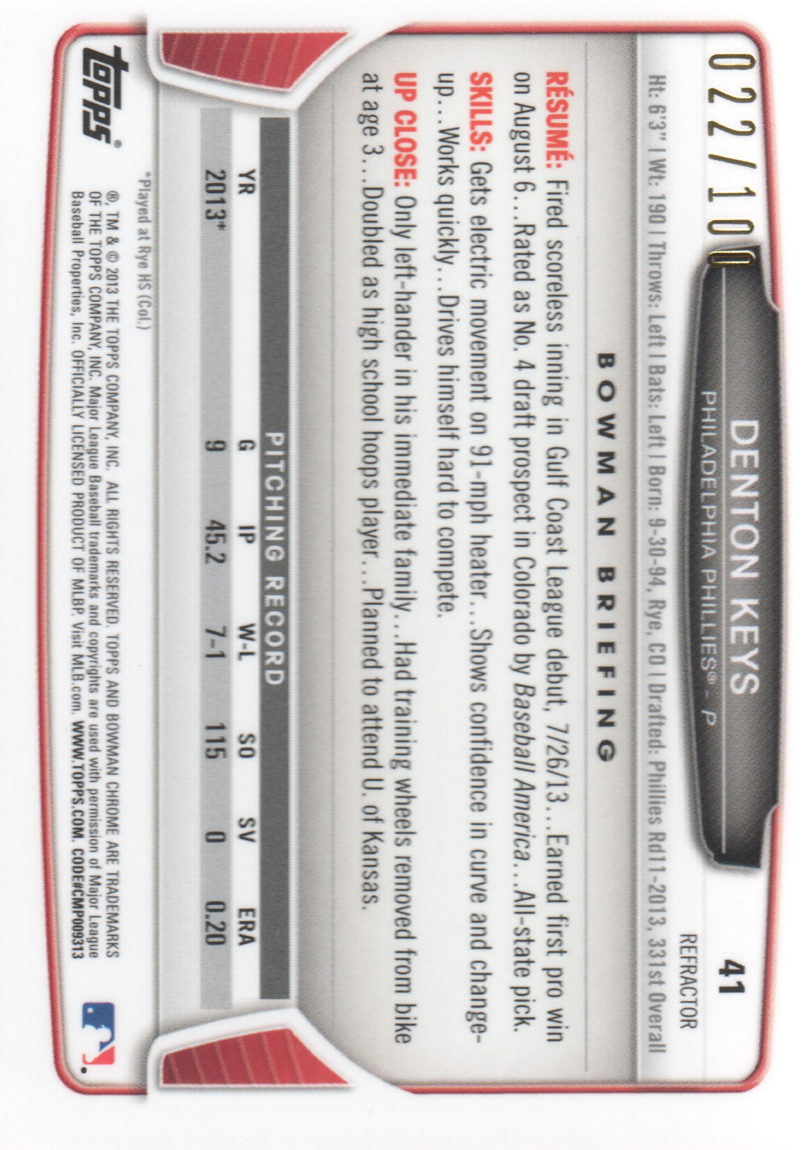 2013 Bowman Chrome Mini X-fractors #41 Denton Keys back image