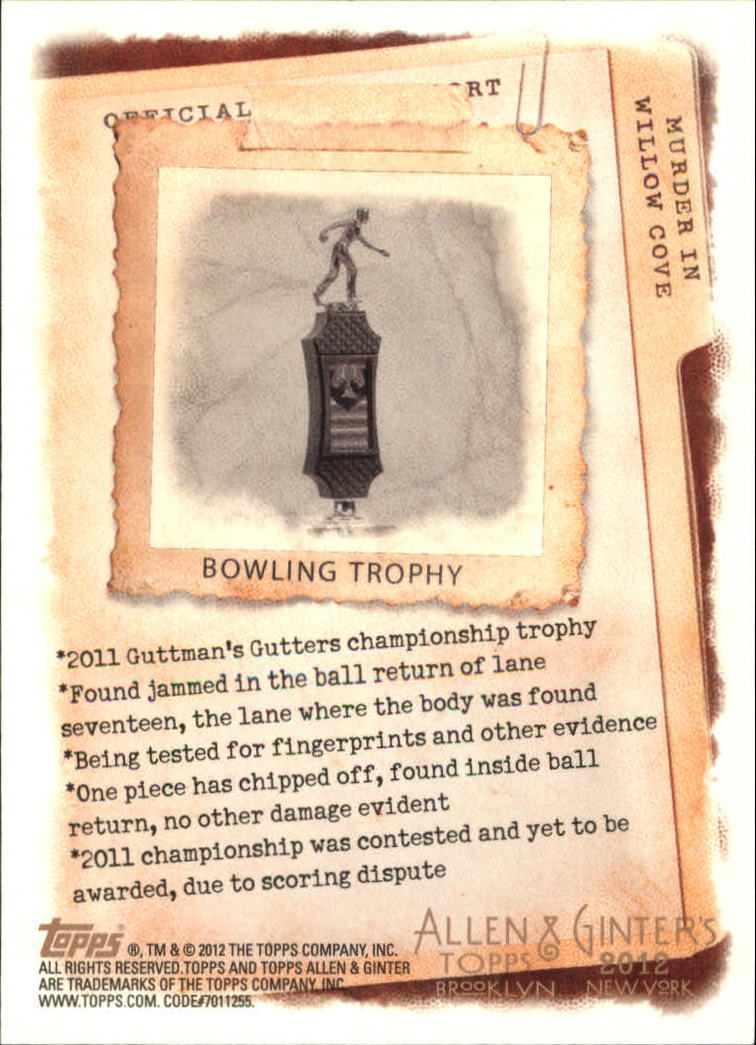 2012 Topps Allen and Ginter Murder in Willow Cove Code Cards #8 Bowling trophy back image