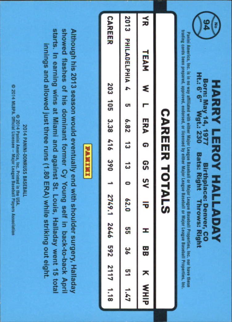2014 Donruss Stat Line Career #94 Roy Halladay/203 back image