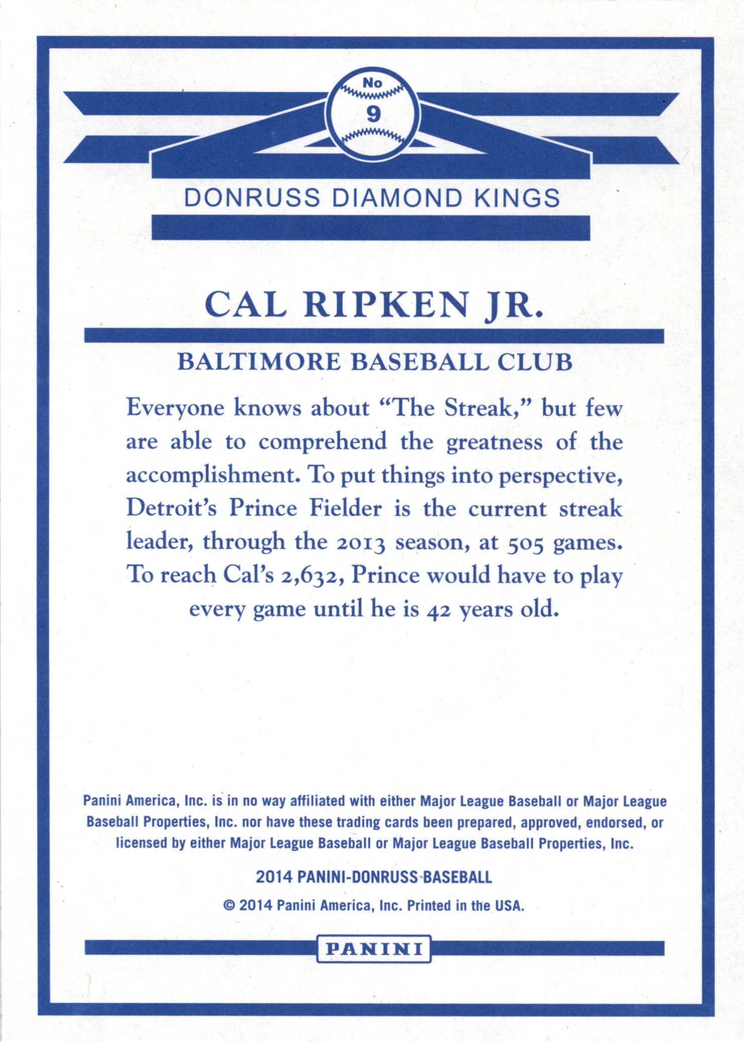 2014 Donruss Diamond King Box Toppers #9 Cal Ripken Jr. back image