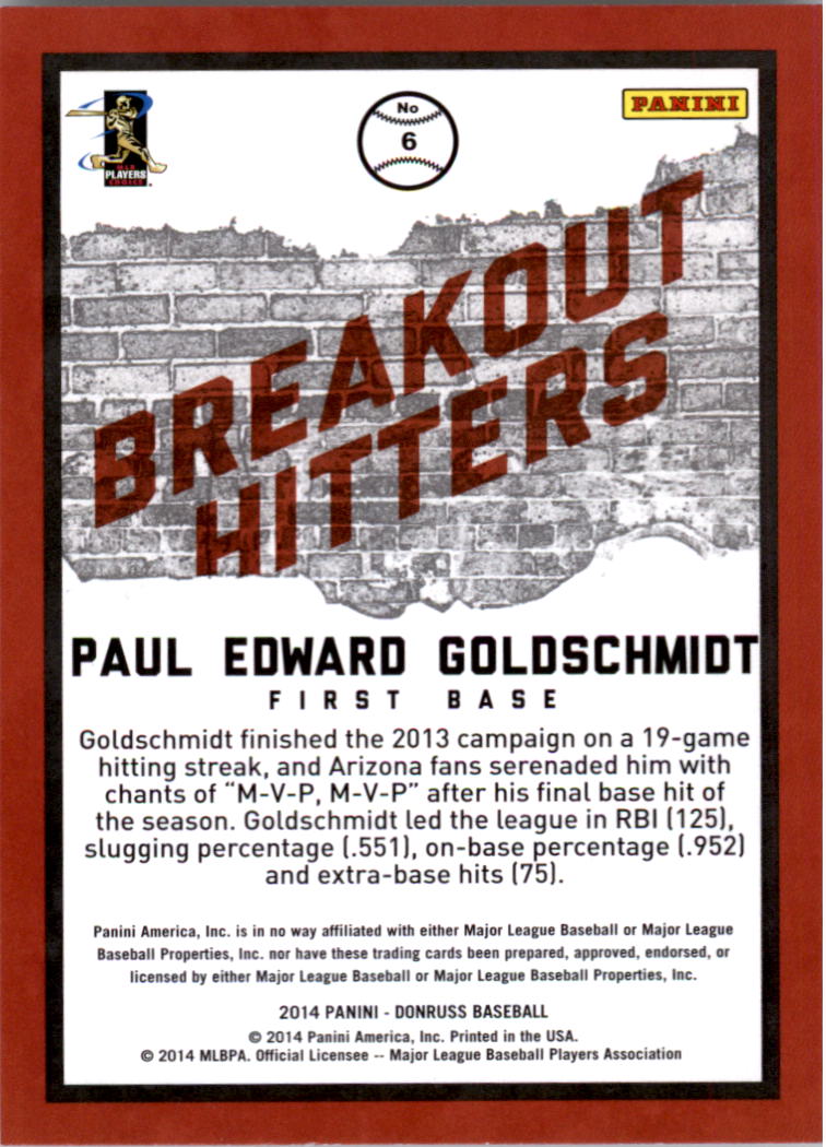 2014 Donruss Breakout Hitters #6 Paul Goldschmidt back image