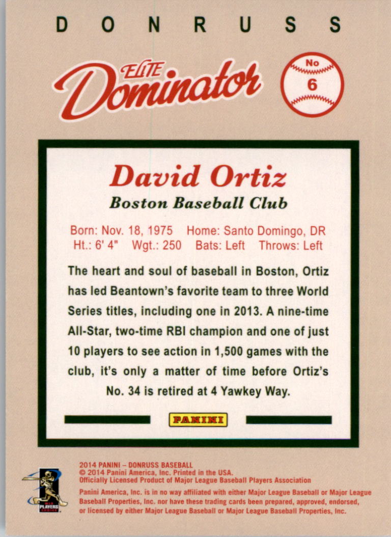 2014 Donruss Elite Dominator #6B David Ortiz back image
