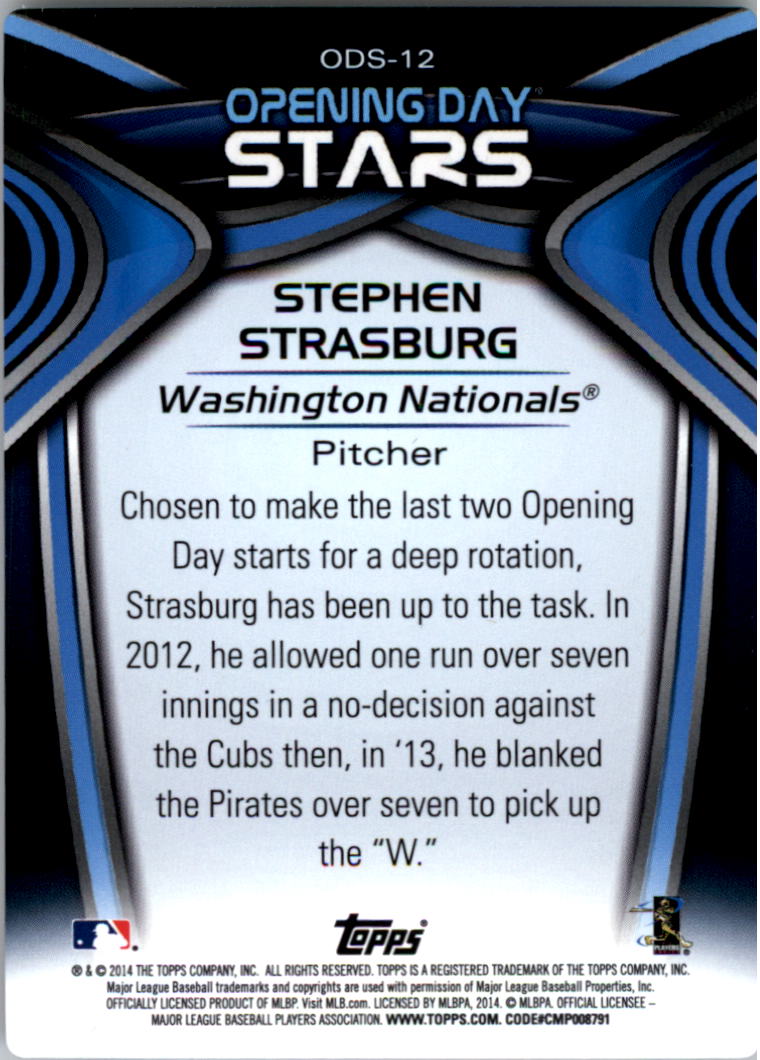 2014 Topps Opening Day Stars #ODS12 Stephen Strasburg back image